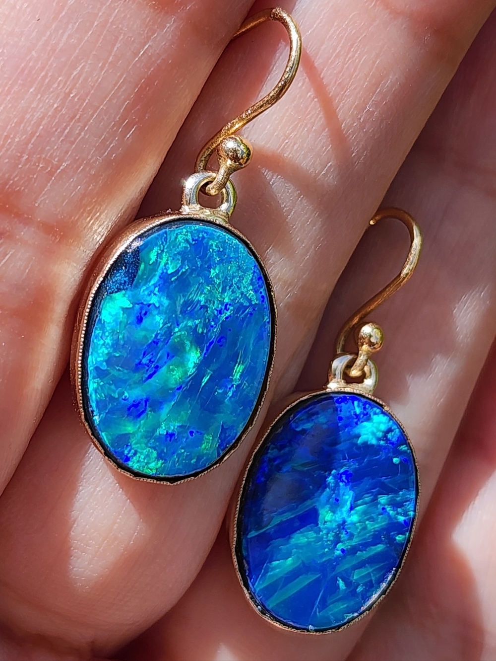 RARE 14k Gold Australian Opal Drop Earrings - Picture 4 of 7